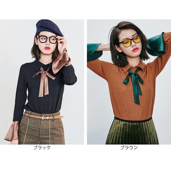 レディース　ボリュームスリーブ　フレアスリーブ　ブラウス　襟元リボン　シャツ　長袖　トップス　カジュアル　キュート　大人　可愛い　フェミニン　おしゃれ　お出かけ　デイリー　オフィス　普段着　ブラック　ブラウン　M　L　XL　サイズ　送料無料