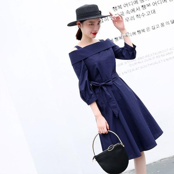 レディース　ワンピース　オフショルダー　ひざ丈　ストラップ　フレア　スカート　トップス　カジュアル　キュート　大人　可愛い　フェミニン　おしゃれ　お出かけ　デイリー　普段着　ネイビー　イエロー　M　L　XL　サイズ　送料無料