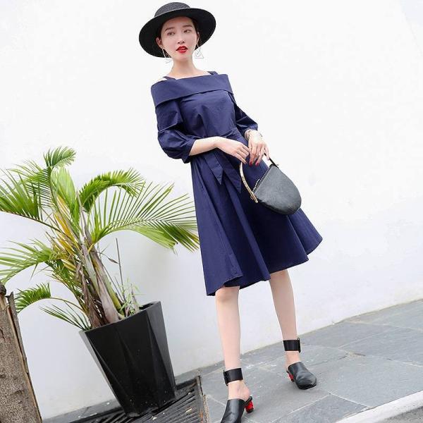 レディース　ワンピース　オフショルダー　ひざ丈　ストラップ　フレア　スカート　トップス　カジュアル　キュート　大人　可愛い　フェミニン　おしゃれ　お出かけ　デイリー　普段着　ネイビー　イエロー　M　L　XL　サイズ　送料無料