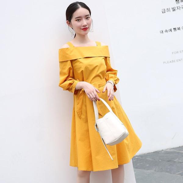 レディース　ワンピース　オフショルダー　ひざ丈　ストラップ　フレア　スカート　トップス　カジュアル　キュート　大人　可愛い　フェミニン　おしゃれ　お出かけ　デイリー　普段着　ネイビー　イエロー　M　L　XL　サイズ　送料無料