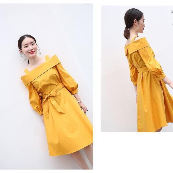 レディース　ワンピース　オフショルダー　ひざ丈　ストラップ　フレア　スカート　トップス　カジュアル　キュート　大人　可愛い　フェミニン　おしゃれ　お出かけ　デイリー　普段着　ネイビー　イエロー　M　L　XL　サイズ　送料無料