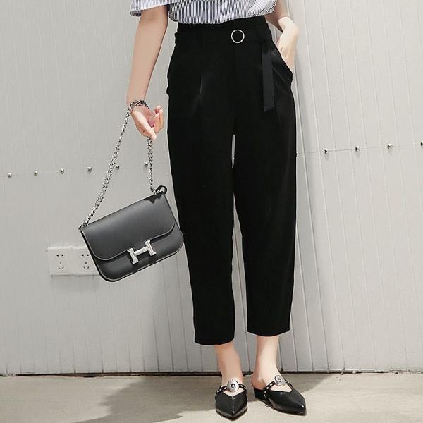 レディース　半端丈　クロップドパンツ　無地　ベルト付き　ボトムス　カジュアル　キュート　可愛い　フェミニン　きれいめ　エレガント　おしゃれ　お出かけ　オフィス　デイリー　普段着　ブラック　イエロー　M　L　XL　サイズ　送料無料