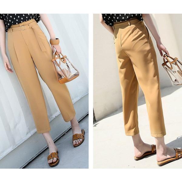 レディース　半端丈　クロップドパンツ　無地　ベルト付き　ボトムス　カジュアル　キュート　可愛い　フェミニン　きれいめ　エレガント　おしゃれ　お出かけ　オフィス　デイリー　普段着　ブラック　イエロー　M　L　XL　サイズ　送料無料