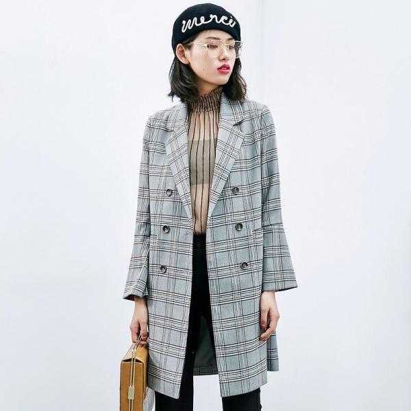 レディース　ボリュームスリーブ　フレアスリーブ　テーラードジャケット　チェック柄　アウター　カジュアル　長袖　キュート　大人　可愛い　フェミニン　きれいめ　エレガント　おしゃれ　お出かけ　お呼ばれ　デイリー　オフィス　普段着　ブラウン　ネイビー　送料無料