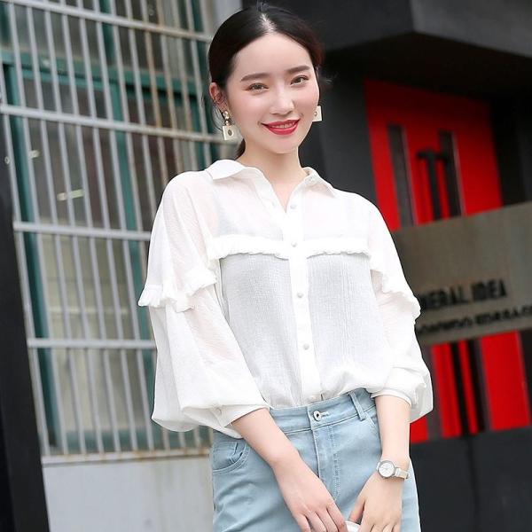 レディース　ボリュームスリーブ　ブラウス　フリル　シャツ　長袖　トップス　カジュアル　キュート　大人　可愛い　フェミニン　おしゃれ　お出かけ　デイリー　オフィス　普段着　ホワイト　フクシア　S　M　L　サイズ　送料無料