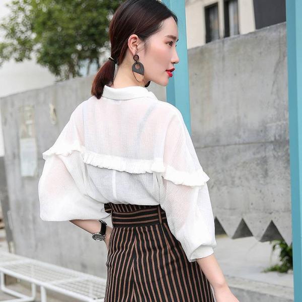 レディース　ボリュームスリーブ　ブラウス　フリル　シャツ　長袖　トップス　カジュアル　キュート　大人　可愛い　フェミニン　おしゃれ　お出かけ　デイリー　オフィス　普段着　ホワイト　フクシア　S　M　L　サイズ　送料無料