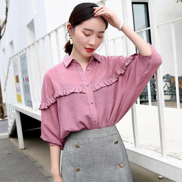 レディース　ボリュームスリーブ　ブラウス　フリル　シャツ　長袖　トップス　カジュアル　キュート　大人　可愛い　フェミニン　おしゃれ　お出かけ　デイリー　オフィス　普段着　ホワイト　フクシア　S　M　L　サイズ　送料無料