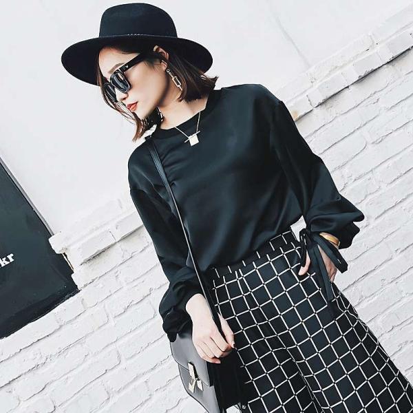 レディース　ボリュームスリーブ　シフォン　ブラウス　シャツ　長袖　トップス　カジュアル　キュート　大人　可愛い　フェミニン　おしゃれ　お出かけ　デイリー　オフィス　普段着　ブラック　ホワイト　ブラウン　M　L　サイズ　送料無料