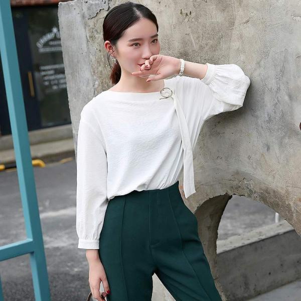 レディース　シフォン　ブラウス　ラウンドネック　シャツ　長袖　トップス　カジュアル　キュート　大人　可愛い　フェミニン　おしゃれ　お出かけ　デイリー　オフィス　普段着　ホワイト　オレンジ　M　L　XL　サイズ　送料無料