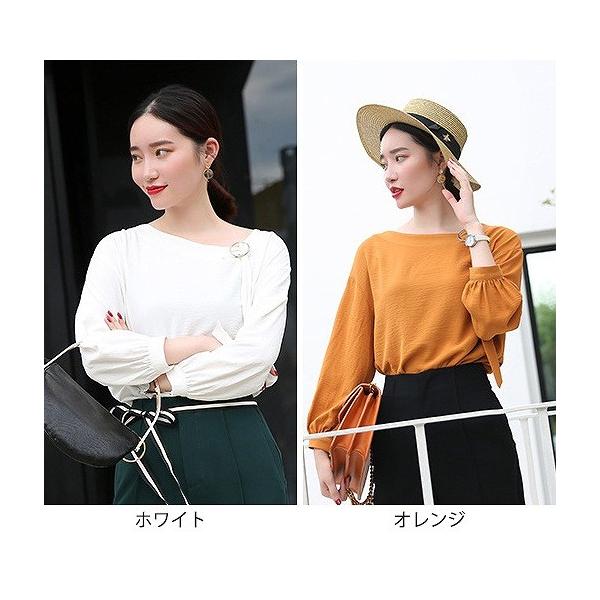 レディース　シフォン　ブラウス　ラウンドネック　シャツ　長袖　トップス　カジュアル　キュート　大人　可愛い　フェミニン　おしゃれ　お出かけ　デイリー　オフィス　普段着　ホワイト　オレンジ　M　L　XL　サイズ　送料無料