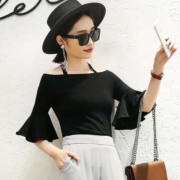 レディース　ボリュームスリーブ　フレアスリーブ　オフショルダー　ストラップ　春　長袖　トップス　カジュアル　キュート　大人　可愛い　フェミニン　おしゃれ　お出かけ　普段着　デイリー　ホワイト　ピンク　ブラック　M　L　XL　サイズ　送料無料