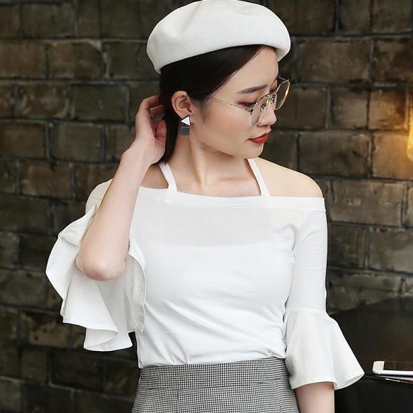 レディース　ボリュームスリーブ　フレアスリーブ　オフショルダー　ストラップ　春　長袖　トップス　カジュアル　キュート　大人　可愛い　フェミニン　おしゃれ　お出かけ　普段着　デイリー　ホワイト　ピンク　ブラック　M　L　XL　サイズ　送料無料