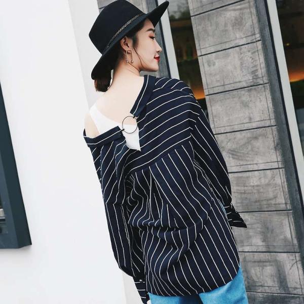 レディース　オーバーサイズ　ビッグシルエット　ストライプ　ブラウス　シャツ　長袖　トップス　カジュアル　キュート　大人　可愛い　フェミニン　おしゃれ　お出かけ　デイリー　オフィス　普段着　レッド　ブラック　M　L　サイズ　送料無料