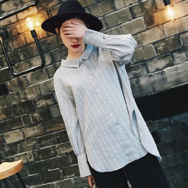 レディース　オーバーサイズ　ビッグシルエット　ストライプ　ブラウス　シャツ　長袖　トップス　カジュアル　キュート　大人　可愛い　フェミニン　おしゃれ　お出かけ　デイリー　オフィス　普段着　レッド　ブラック　M　L　サイズ　送料無料