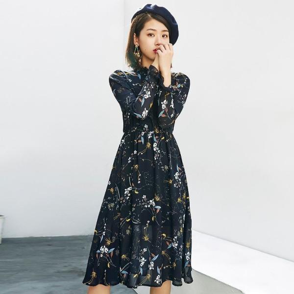 レディース　ワンピース　ミディ丈　ボリュームスリーブ　フレアスリーブ　スカート　トップス　カジュアル　キュート　大人　可愛い　フェミニン　おしゃれ　お出かけ　デイリー　普段着　ネイビー　イエロー　M　L　XL　サイズ　送料無料