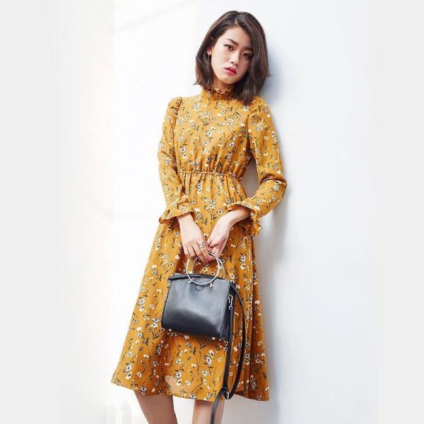 レディース　ワンピース　ミディ丈　ボリュームスリーブ　フレアスリーブ　スカート　トップス　カジュアル　キュート　大人　可愛い　フェミニン　おしゃれ　お出かけ　デイリー　普段着　ネイビー　イエロー　M　L　XL　サイズ　送料無料