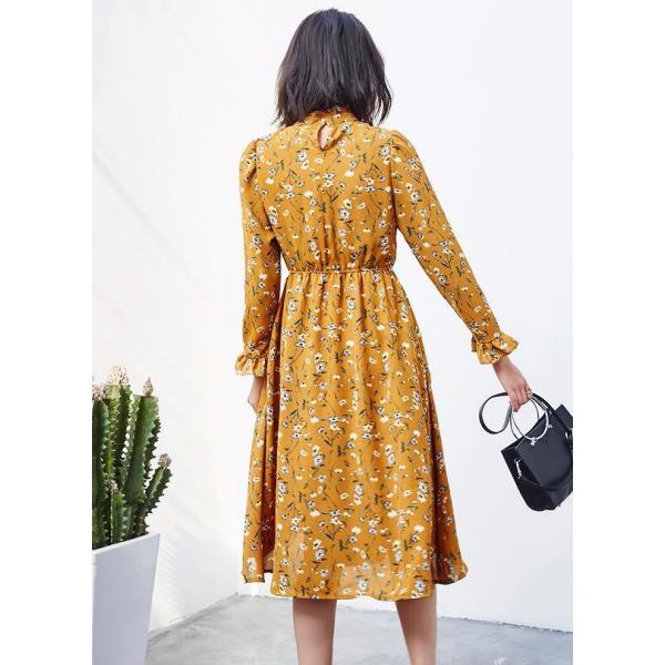 レディース　ワンピース　ミディ丈　ボリュームスリーブ　フレアスリーブ　スカート　トップス　カジュアル　キュート　大人　可愛い　フェミニン　おしゃれ　お出かけ　デイリー　普段着　ネイビー　イエロー　M　L　XL　サイズ　送料無料