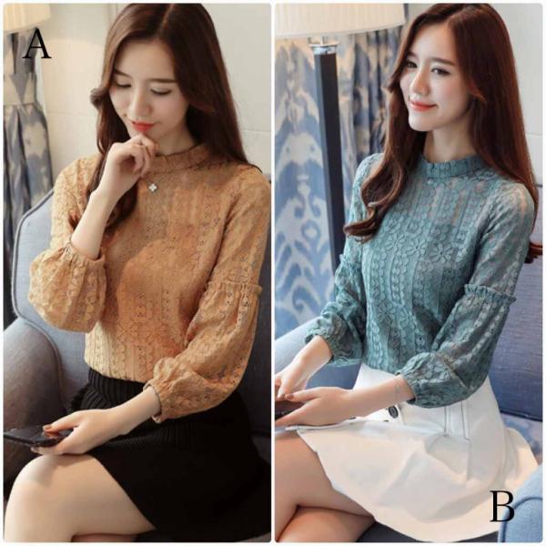 レディース　大きいサイズ　レース　ボトルネック　ブラウス　シャツ　花柄　長袖　トップス　カジュアル　キュート　大人　可愛い　フェミニン　おしゃれ　お出かけ　オフィス　デイリー　グリーン　イエロー　S　M　L　XL　2XL　送料無料