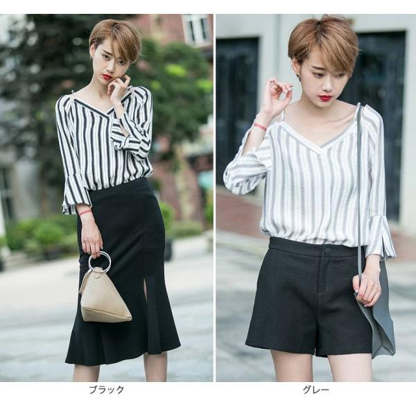 レディース　トップス　カットソー　Vネック　ラッパ袖　9分袖　きれいめ　ストライプ　カジュアル　キュート　大人可愛い　エレガント　オフィス　お出かけ　デート　デイリー　普段着　ブラック　グレー　M　L　XL　送料無料