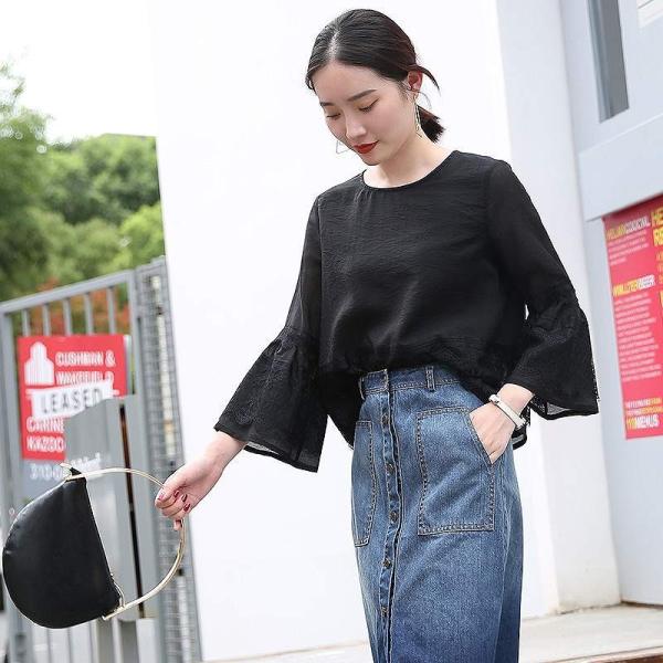 レディース　トップス　カットソー　ラウンドネック　ラッパ袖　8分袖　レース　きれいめ　無地　カジュアル　キュート　大人可愛い　エレガント　オフィス　お出かけ　デート　デイリー　普段着　ブラウン　ブラック　M　L　XL　送料無料