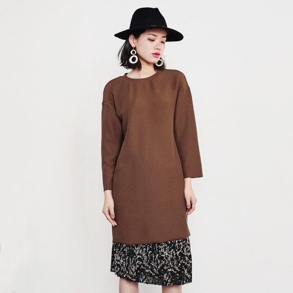 レディース　ツーピース　ドレス　ロング　カットソー　ラウンドネック　無地　長袖　シフォン　スカート　花柄　きれいめ　無地　カジュアル　キュート　大人可愛い　エレガント　オフィス　お出かけ　デート　デイリー　グレー　イエロー　ブラウン　M　L　XL　送料無料