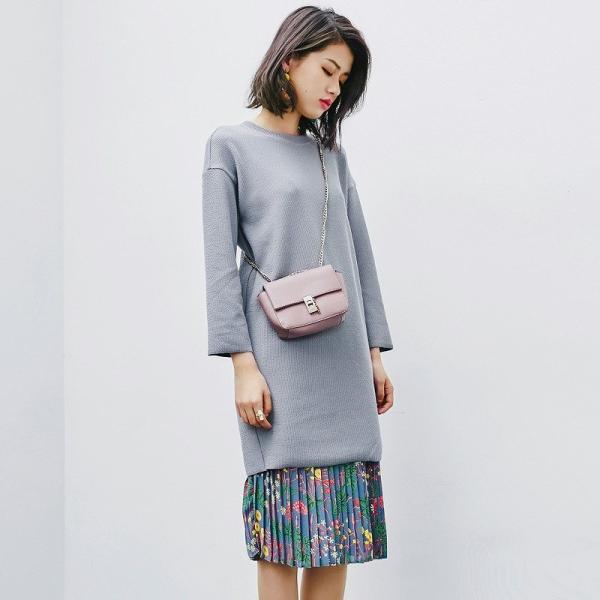 レディース　ツーピース　ドレス　ロング　カットソー　ラウンドネック　無地　長袖　シフォン　スカート　花柄　きれいめ　無地　カジュアル　キュート　大人可愛い　エレガント　オフィス　お出かけ　デート　デイリー　グレー　イエロー　ブラウン　M　L　XL　送料無料