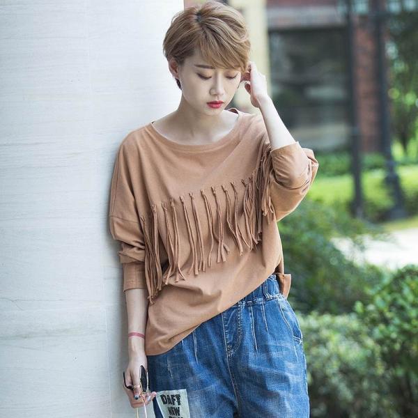 レディース　トップス　カットソー　ラウンドネック　ドルマン　長袖　フリンジ　無地　カジュアル　キュート　大人可愛い　エレガント　オフィス　お出かけ　デート　デイリー　普段着　カーキ　ブラック　グリーン　M　L　送料無料