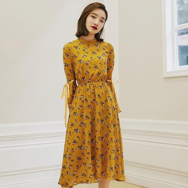 レディース　ワンピース　フレア　クルーネック　花柄　リボン　ミモレ丈　長袖　カジュアル　おしゃれ　エレガント　キュート　大人可愛い　フェミニン　オフィス　お出かけ　デート　デイリー　普段着　イエロー　ネイビー　M　L　XL　送料無料