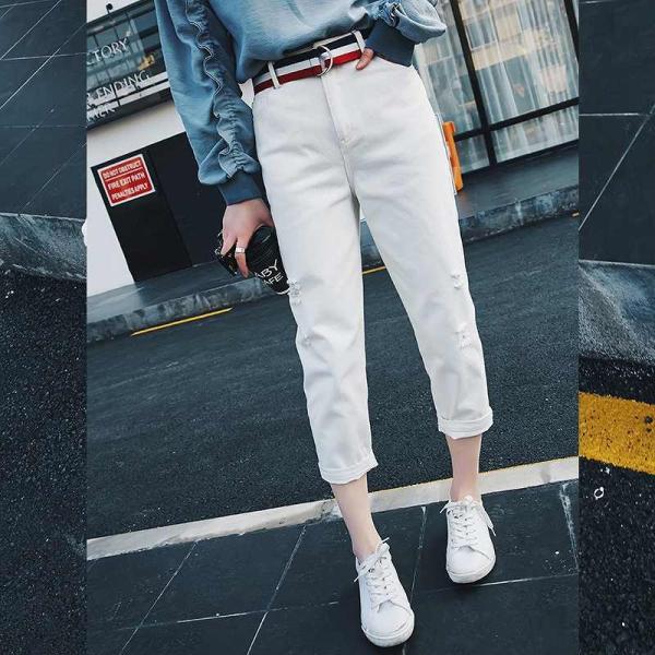 レディース　クロップドパンツ　半端丈　デニム　ジーンズ　ジーパン　無地　ボトムス　カジュアル　キュート　可愛い　フェミニン　きれいめ　エレガント　おしゃれ　お出かけ　デイリー　普段着　ホワイト　M　L　XL　サイズ　送料無料