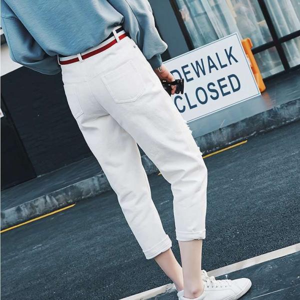 レディース　クロップドパンツ　半端丈　デニム　ジーンズ　ジーパン　無地　ボトムス　カジュアル　キュート　可愛い　フェミニン　きれいめ　エレガント　おしゃれ　お出かけ　デイリー　普段着　ホワイト　M　L　XL　サイズ　送料無料