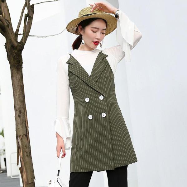 レディース　ベスト　ロング丈　ジャケット　ストライプ　アウター　カジュアル　キュート　大人　可愛い　フェミニン　おしゃれ　お出かけ　デイリー　オフィス　普段着　ブラック　オリーブ　M　L　XL　サイズ　送料無料