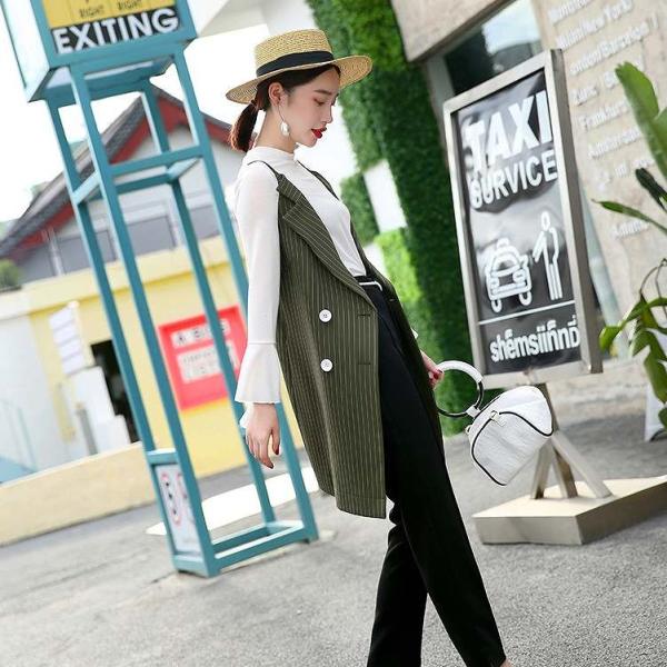 レディース　ベスト　ロング丈　ジャケット　ストライプ　アウター　カジュアル　キュート　大人　可愛い　フェミニン　おしゃれ　お出かけ　デイリー　オフィス　普段着　ブラック　オリーブ　M　L　XL　サイズ　送料無料