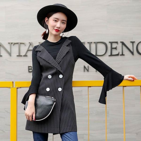 レディース　ベスト　ロング丈　ジャケット　ストライプ　アウター　カジュアル　キュート　大人　可愛い　フェミニン　おしゃれ　お出かけ　デイリー　オフィス　普段着　ブラック　オリーブ　M　L　XL　サイズ　送料無料