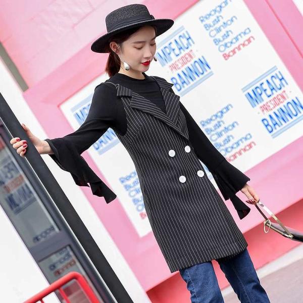 レディース　ベスト　ロング丈　ジャケット　ストライプ　アウター　カジュアル　キュート　大人　可愛い　フェミニン　おしゃれ　お出かけ　デイリー　オフィス　普段着　ブラック　オリーブ　M　L　XL　サイズ　送料無料