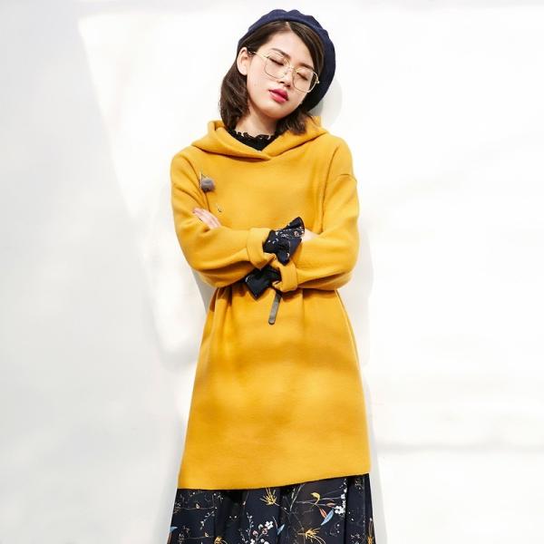 レディース　スウェット　パーカー　フード付き　プルオーバー　ゆったり　大きめ　トレーナー　トップス　カジュアル　キュート　大人　可愛い　フェミニン　おしゃれ　お出かけ　デイリー　普段着　イエロー　グリーン　フリーサイズ　ワンサイズ　送料無料