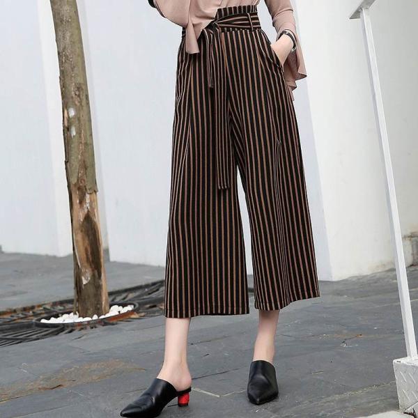 レディース　半端丈　クロップド　ワイドレッグパンツ　ストライプ　ボトムス　カジュアル　キュート　可愛い　フェミニン　きれいめ　エレガント　おしゃれ　お出かけ　オフィス　デイリー　普段着　ブラック　ブラウン　ホワイト　M　L　XL　サイズ　送料無料