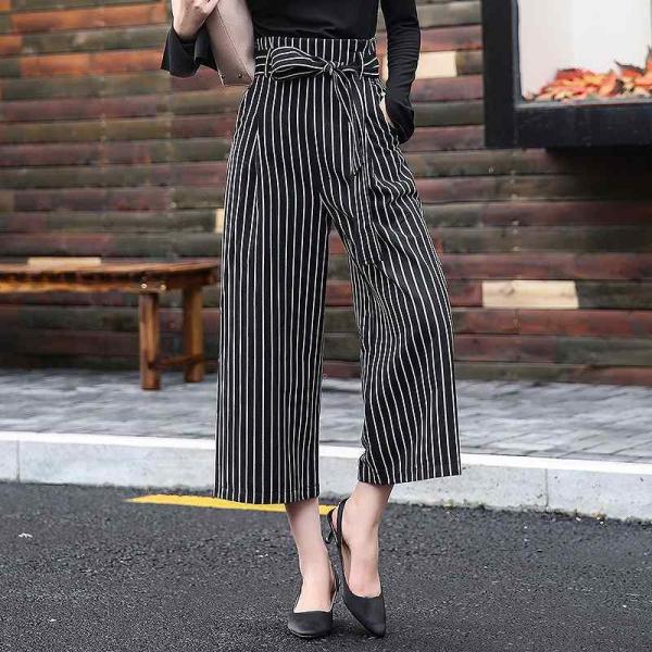 レディース　半端丈　クロップド　ワイドレッグパンツ　ストライプ　ボトムス　カジュアル　キュート　可愛い　フェミニン　きれいめ　エレガント　おしゃれ　お出かけ　オフィス　デイリー　普段着　ブラック　ブラウン　ホワイト　M　L　XL　サイズ　送料無料