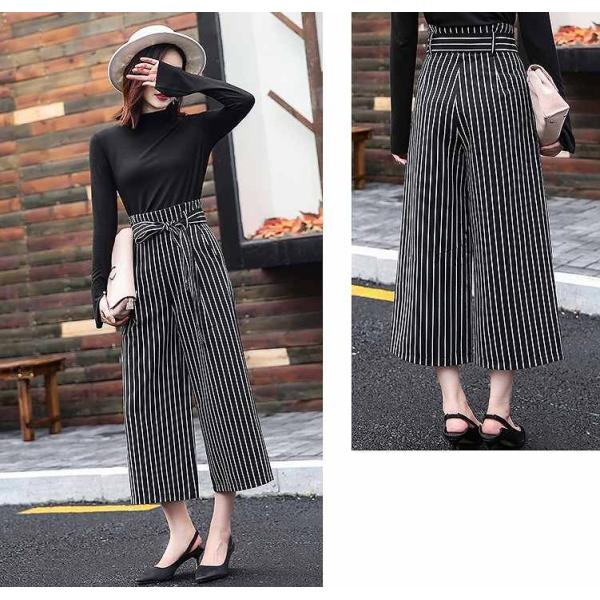 レディース　半端丈　クロップド　ワイドレッグパンツ　ストライプ　ボトムス　カジュアル　キュート　可愛い　フェミニン　きれいめ　エレガント　おしゃれ　お出かけ　オフィス　デイリー　普段着　ブラック　ブラウン　ホワイト　M　L　XL　サイズ　送料無料