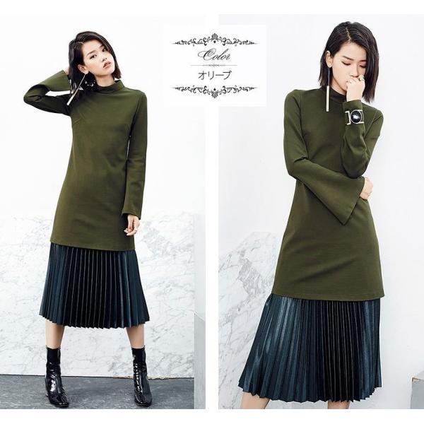 レディース　ボリュームスリーブ　フレアスリーブ　ハイネック　ワンピース　ミニ丈　スカート　トップス　カジュアル　キュート　大人　可愛い　フェミニン　おしゃれ　お出かけ　デイリー　普段着　オリーブ　ブラック　M　L　XL　サイズ　送料無料