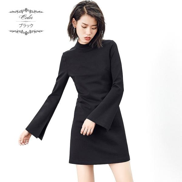 レディース　ボリュームスリーブ　フレアスリーブ　ハイネック　ワンピース　ミニ丈　スカート　トップス　カジュアル　キュート　大人　可愛い　フェミニン　おしゃれ　お出かけ　デイリー　普段着　オリーブ　ブラック　M　L　XL　サイズ　送料無料