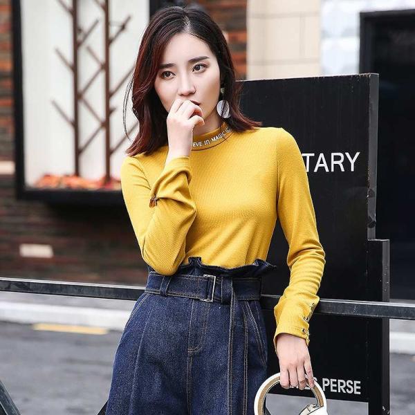 レディース　ボリュームスリーブ　ハイネック　ニット　カットソー　長袖　無地　トップス　カジュアル　キュート　大人　可愛い　フェミニン　おしゃれ　お出かけ　オフィス　デイリー　普段着　イエロー　ブラック　M　L　XL　送料無料