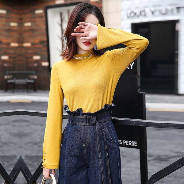 レディース　ボリュームスリーブ　ハイネック　ニット　カットソー　長袖　無地　トップス　カジュアル　キュート　大人　可愛い　フェミニン　おしゃれ　お出かけ　オフィス　デイリー　普段着　イエロー　ブラック　M　L　XL　送料無料