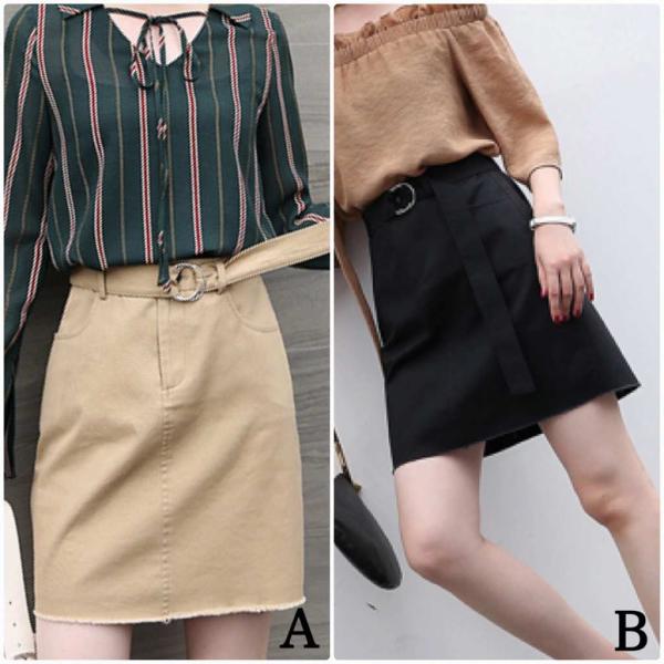 レディース　ハイウエスト　スカート　ミニ丈　ベルト付き　タイト　スリム　ボトムス　カジュアル　キュート　可愛い　フェミニン　きれいめ　エレガント　上品　おしゃれ　お出かけ　デイリー　普段着　カーキ　ブラック　M　L　XL　サイズ　送料無料