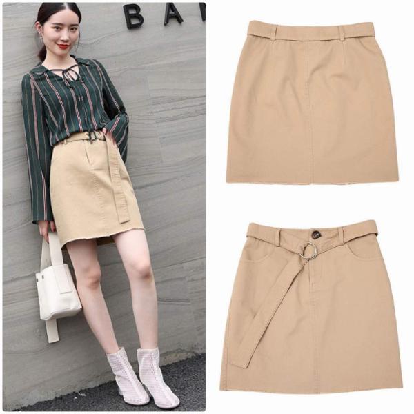 レディース　ハイウエスト　スカート　ミニ丈　ベルト付き　タイト　スリム　ボトムス　カジュアル　キュート　可愛い　フェミニン　きれいめ　エレガント　上品　おしゃれ　お出かけ　デイリー　普段着　カーキ　ブラック　M　L　XL　サイズ　送料無料