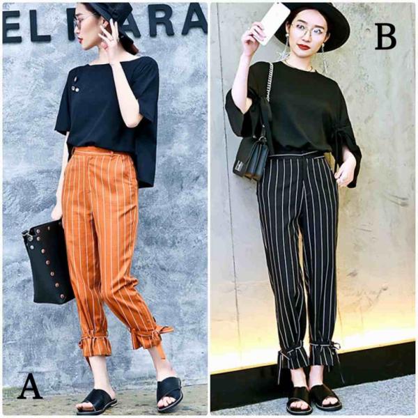 レディース　半端丈　クロップドパンツ　ストライプ　ボトムス　カジュアル　キュート　可愛い　フェミニン　きれいめ　エレガント　おしゃれ　お出かけ　オフィス　デイリー　普段着　ブラック　ブラウン　M　L　XL　サイズ　送料無料