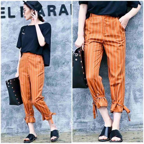レディース　半端丈　クロップドパンツ　ストライプ　ボトムス　カジュアル　キュート　可愛い　フェミニン　きれいめ　エレガント　おしゃれ　お出かけ　オフィス　デイリー　普段着　ブラック　ブラウン　M　L　XL　サイズ　送料無料