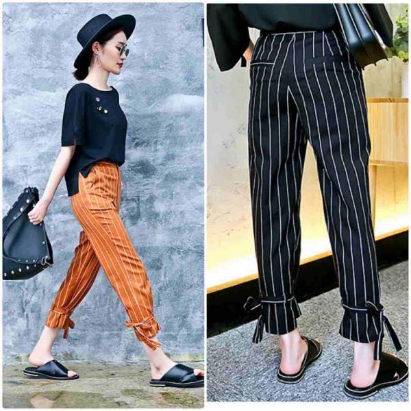 レディース　半端丈　クロップドパンツ　ストライプ　ボトムス　カジュアル　キュート　可愛い　フェミニン　きれいめ　エレガント　おしゃれ　お出かけ　オフィス　デイリー　普段着　ブラック　ブラウン　M　L　XL　サイズ　送料無料