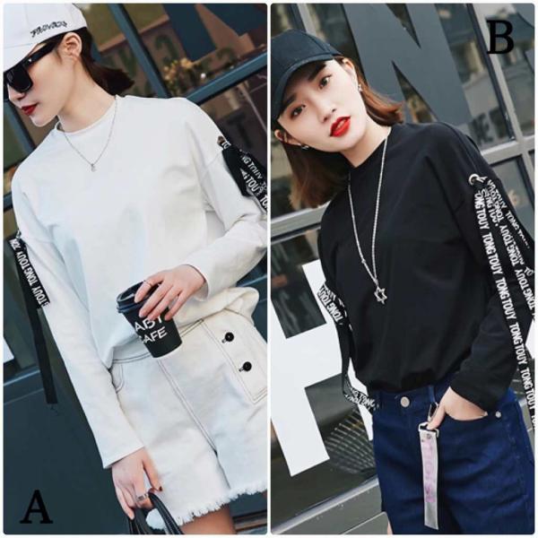 レディース　ロングTシャツ　リボン付き　無地　ロンT　クルーネック　長袖　トップス　カジュアル　キュート　大人　可愛い　フェミニン　おしゃれ　お出かけ　普段着　デイリー　ホワイト　ブラック　M　L　サイズ　送料無料