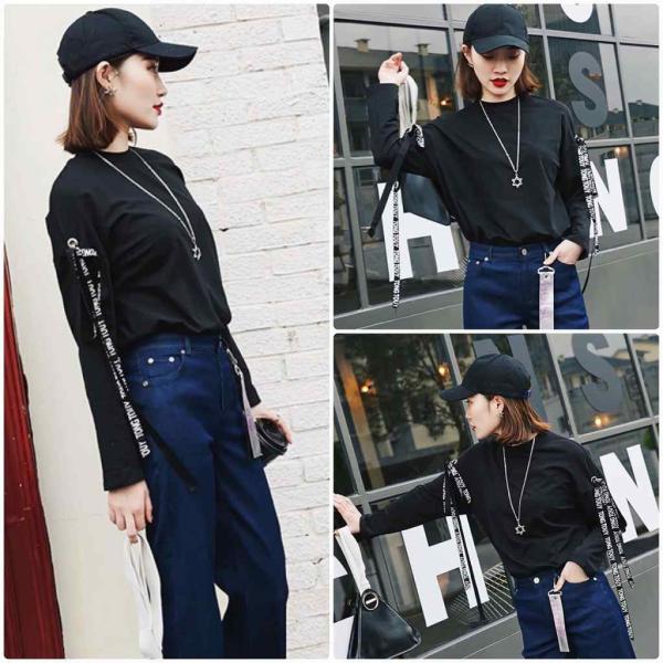 レディース　ロングTシャツ　リボン付き　無地　ロンT　クルーネック　長袖　トップス　カジュアル　キュート　大人　可愛い　フェミニン　おしゃれ　お出かけ　普段着　デイリー　ホワイト　ブラック　M　L　サイズ　送料無料