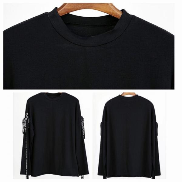 レディース　ロングTシャツ　リボン付き　無地　ロンT　クルーネック　長袖　トップス　カジュアル　キュート　大人　可愛い　フェミニン　おしゃれ　お出かけ　普段着　デイリー　ホワイト　ブラック　M　L　サイズ　送料無料